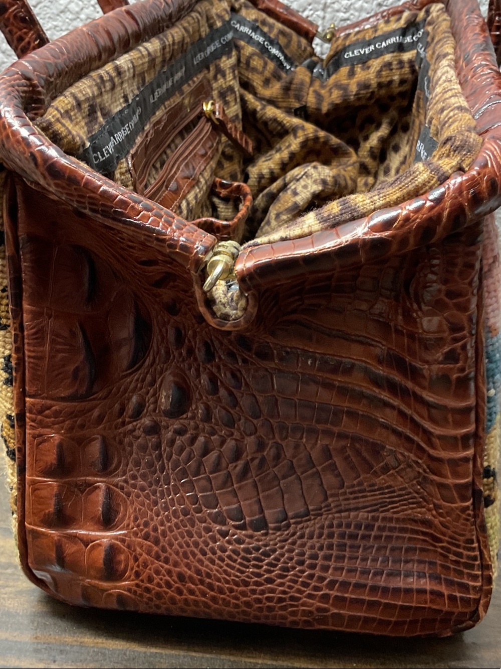 Clever Carriage Company Needlepoint Large Satchel Cheetah Roses Handbag Purse - Picture 6 of 14